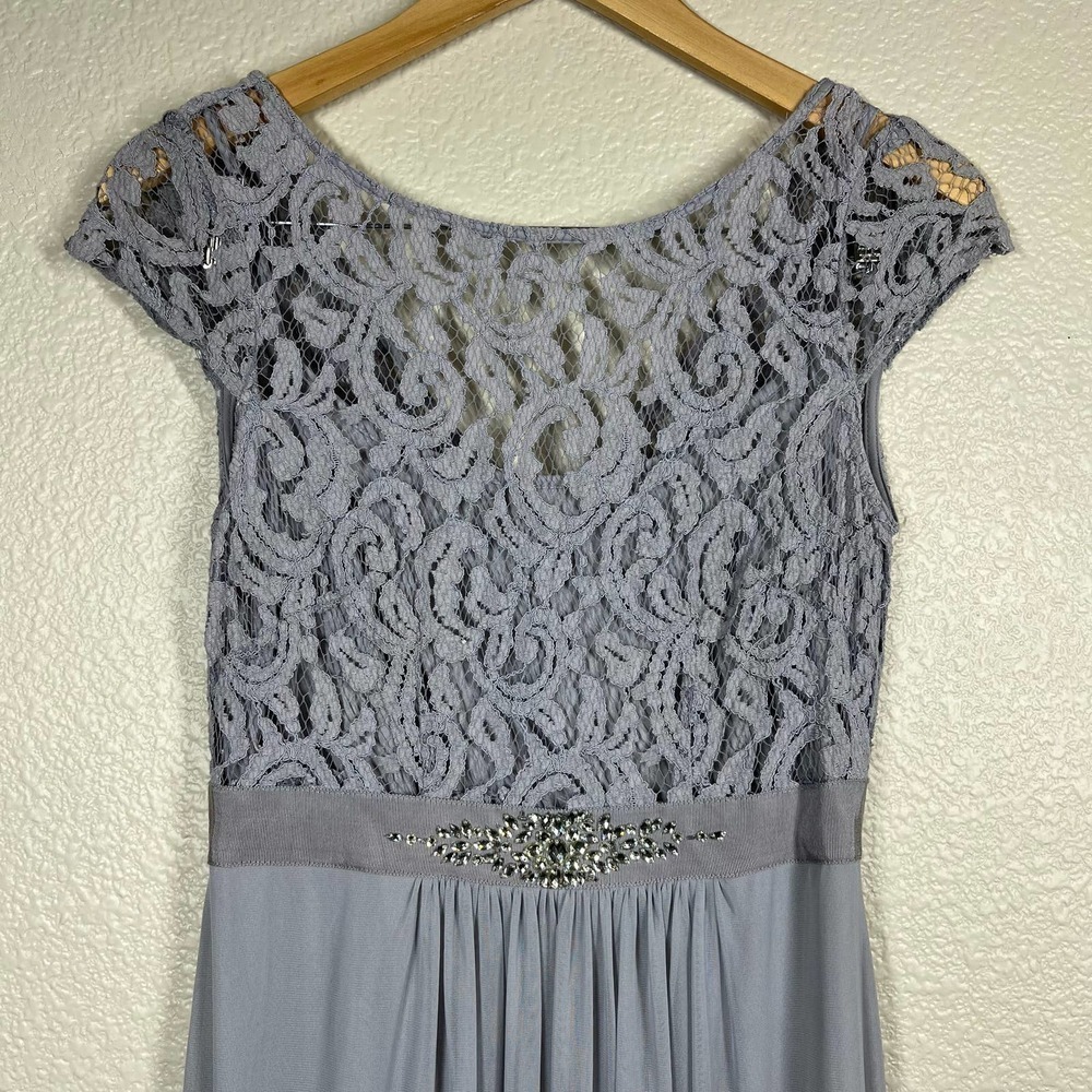 Adrianna Papell Gown Short Sleeve Lace Stretch Tulle Silver Jewel Waist‎ Size 6 - Picture 4 of 15